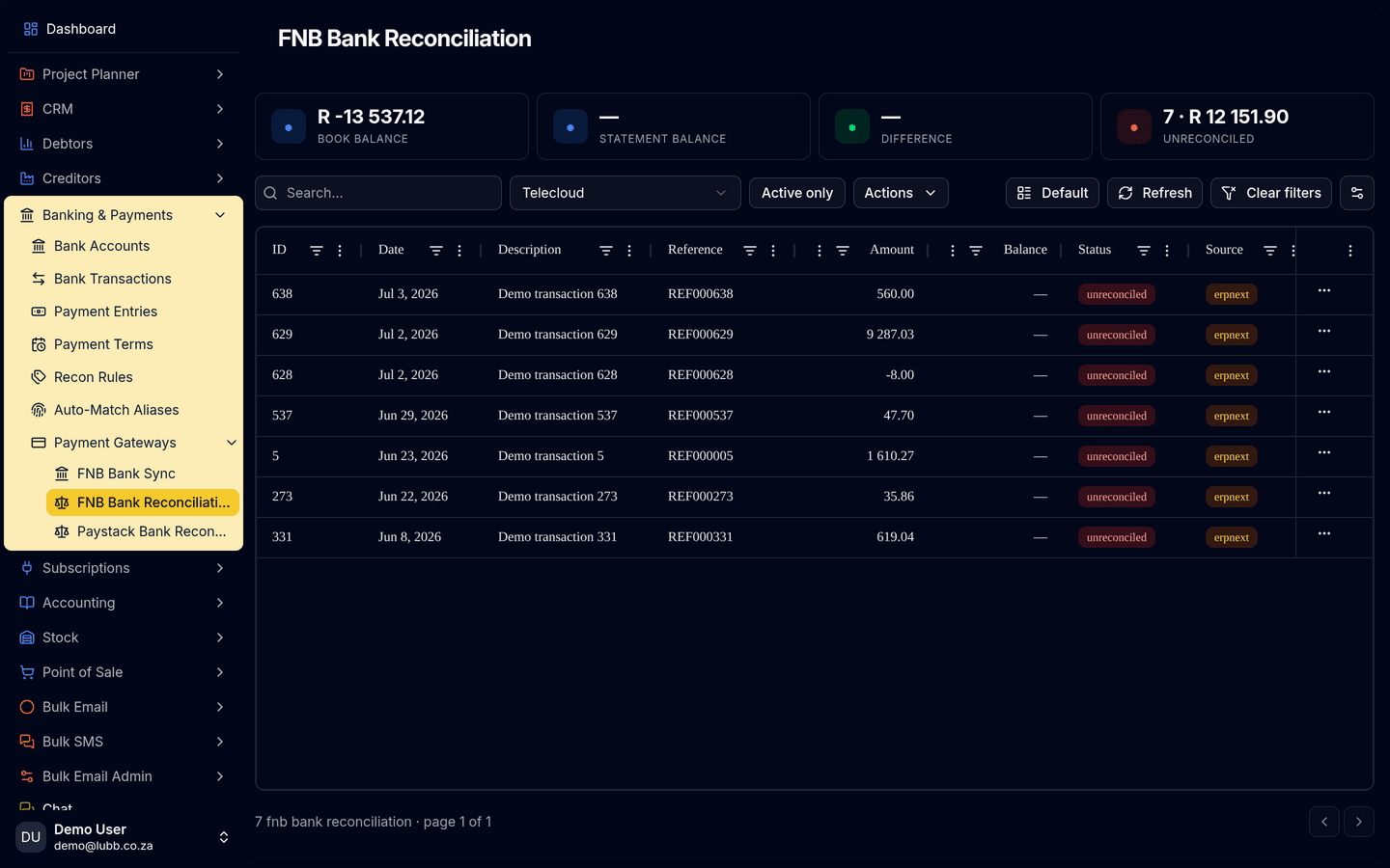 FNB Bank Reconciliation: book balance, statement balance, difference and unreconciled total across the cards, over a table of imported bank lines with their reconciliation status and source.