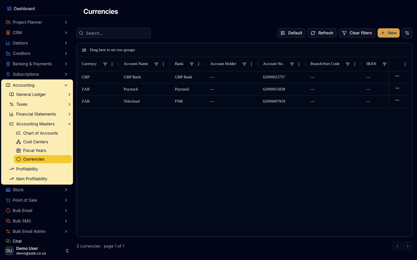 The Currencies master: each currency listed against the bank account and account number it settles through.