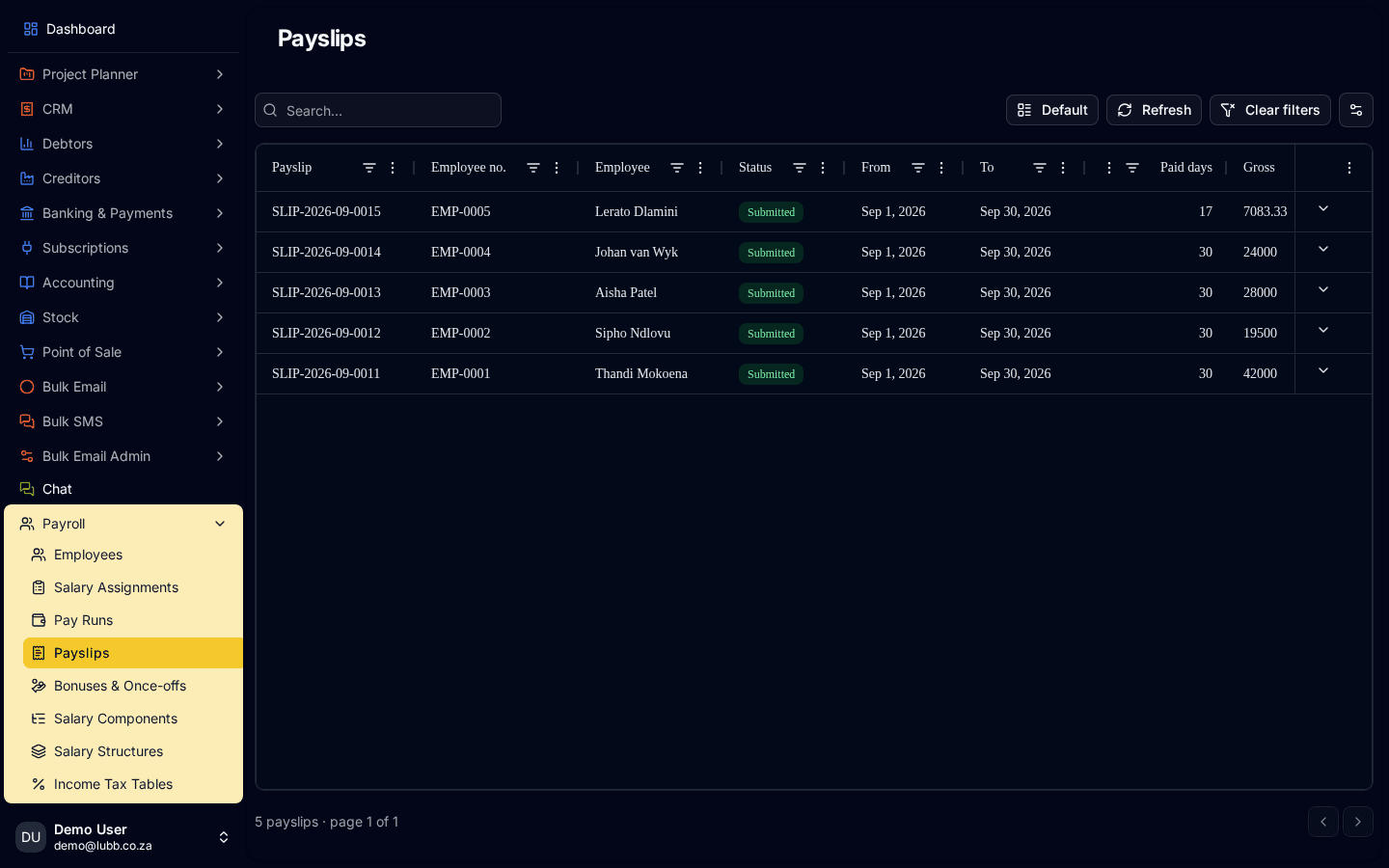 The Payslips grid: five submitted payslips for a September pay period, each with its payslip number, employee number and name, status, period dates, days paid and gross pay — one employee prorated at 17 of 30 days for joining mid-month.