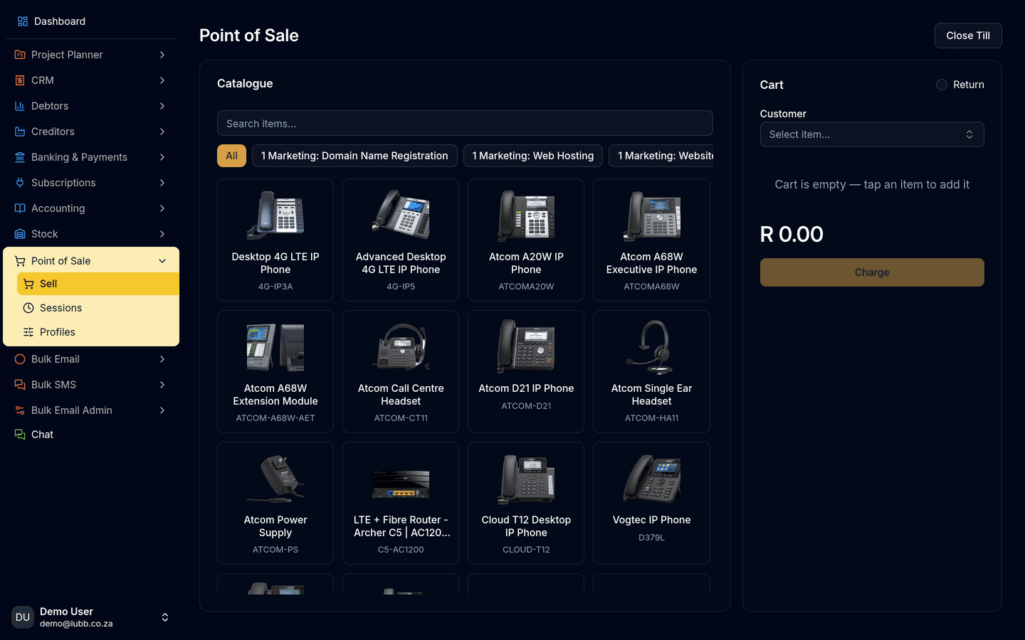 The Point of Sale till: a searchable product catalogue with category tabs on the left and the cart, customer picker, running total and Charge button on the right.