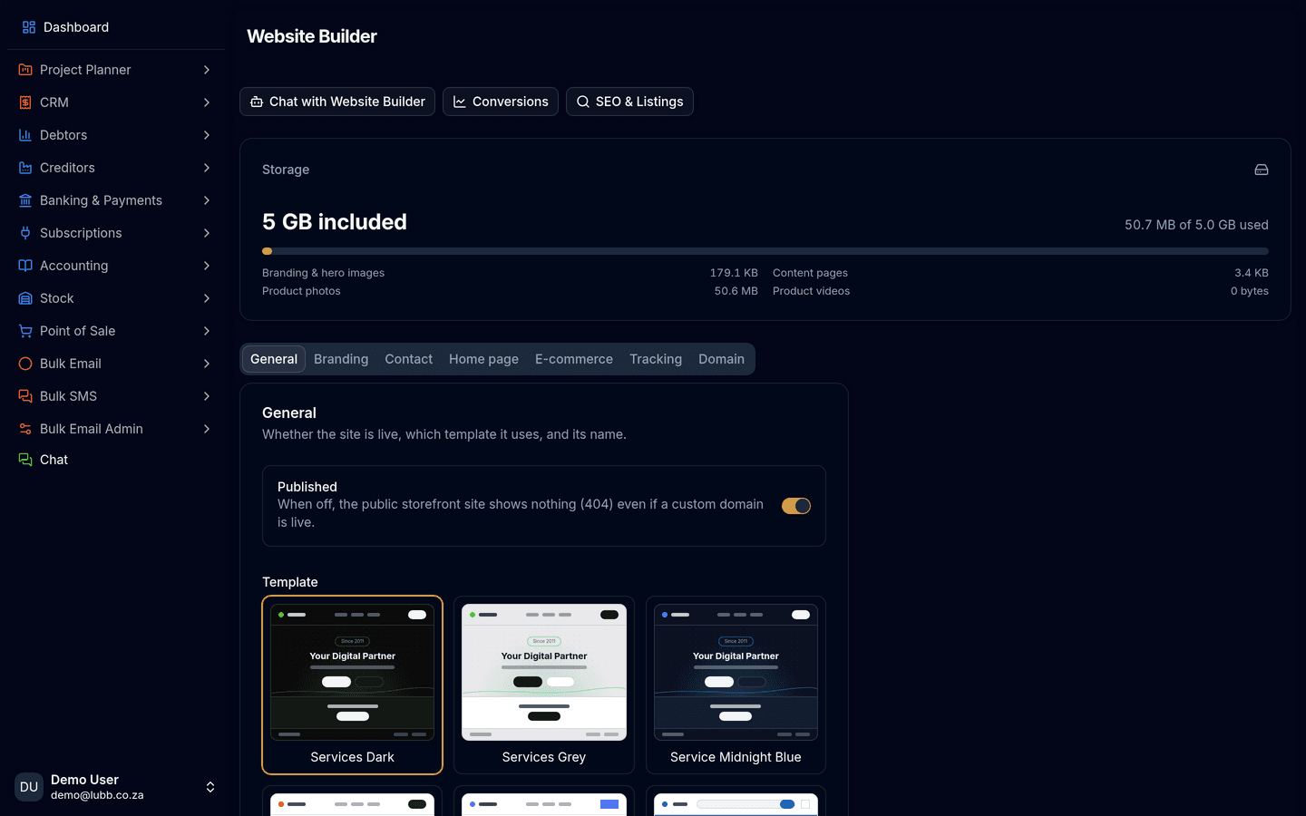The AI Website Builder settings: a storage bar broken down by branding, content pages, product photos and video, over tabs for General, Branding, Contact, Home page, E-commerce, Tracking and Domain, with the site template picker open.