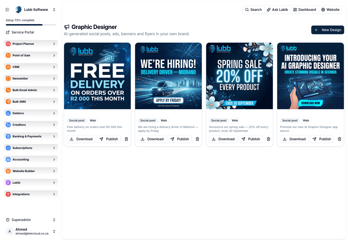 The Graphic Designer gallery: four saved designs as cards, each tagged with its design type and channel, showing the brief that made it and Download and Publish buttons.