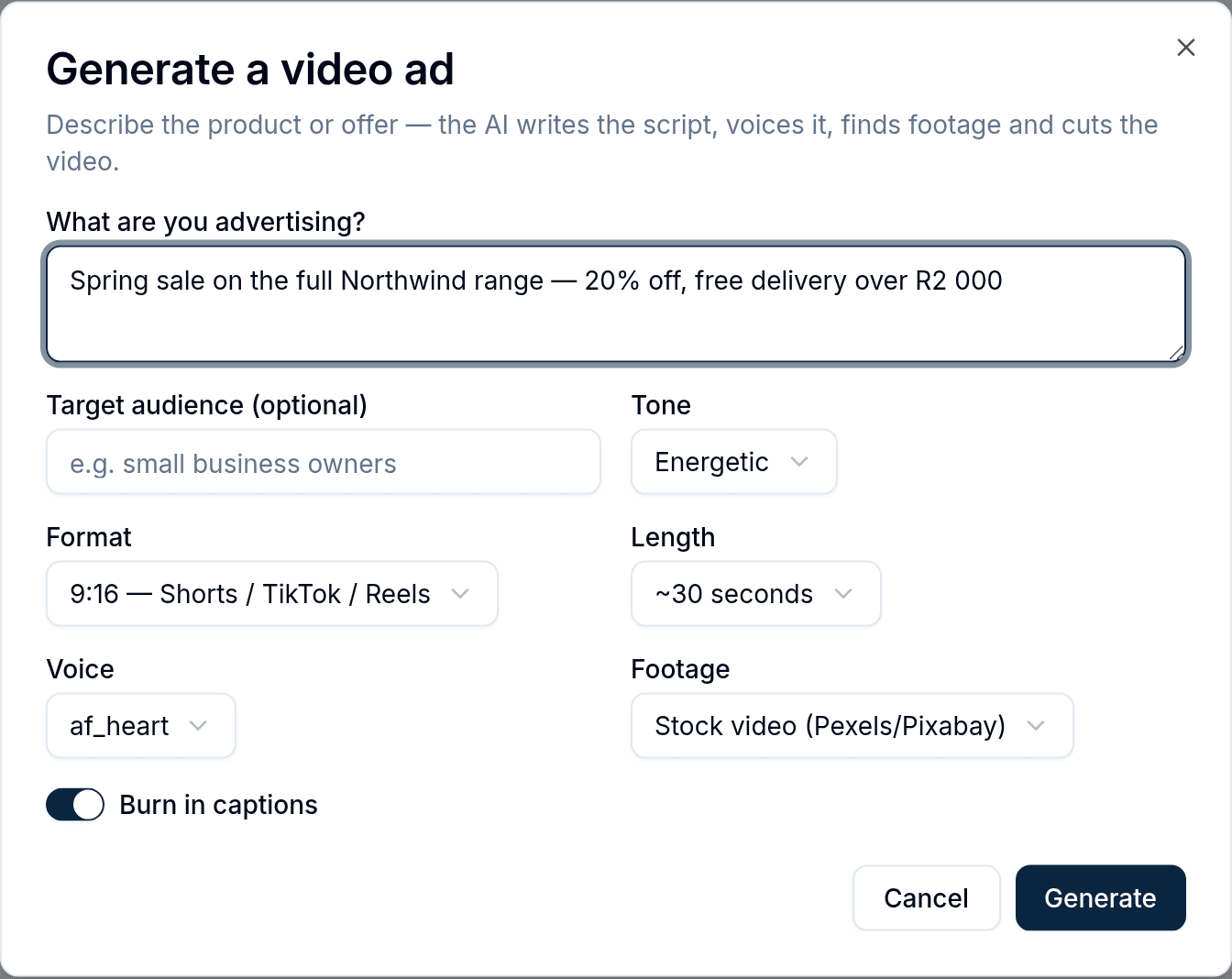 The Generate a video ad dialog: a brief box, an optional target audience, and pickers for tone, format, length, voice and footage source, with a burn-in-captions switch turned on.