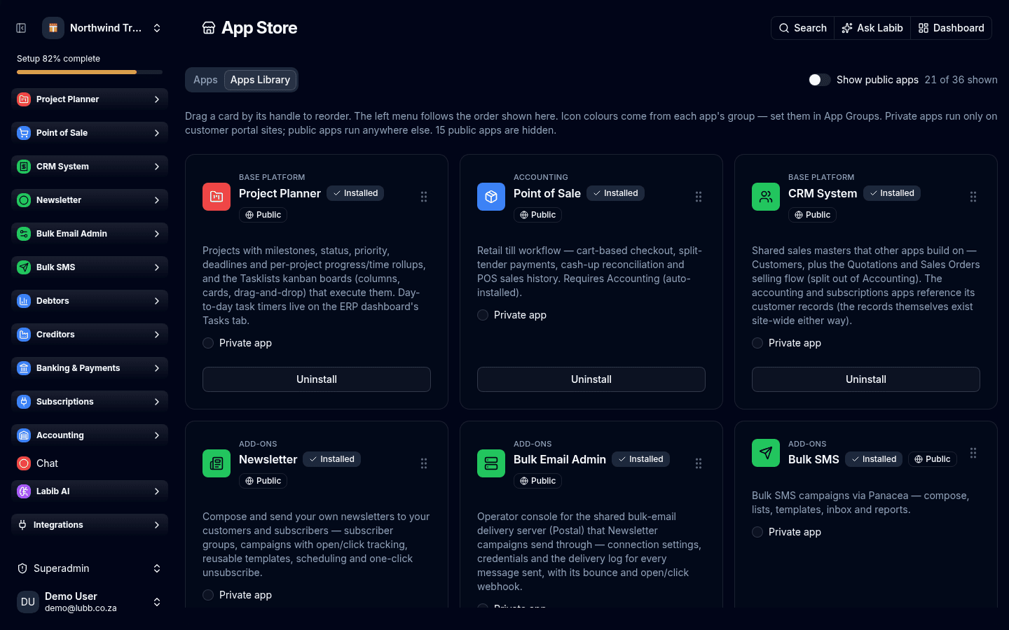 The Lubb ERP App Store, Apps Library tab: a grid of app cards — Project Planner, Point of Sale, CRM, Bulk Email, Bulk Email Admin, Bulk SMS — each with its category, a description of what it does and an install state.