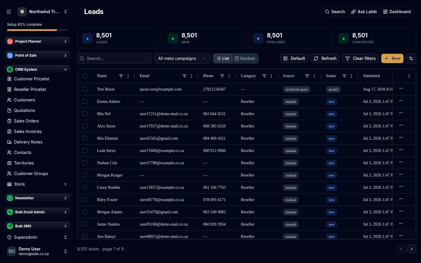 The Leads grid: counters across the top, a List/Kanban toggle, per-column filters and a saved-layout picker, over a table of leads with name, email, phone, source and status.