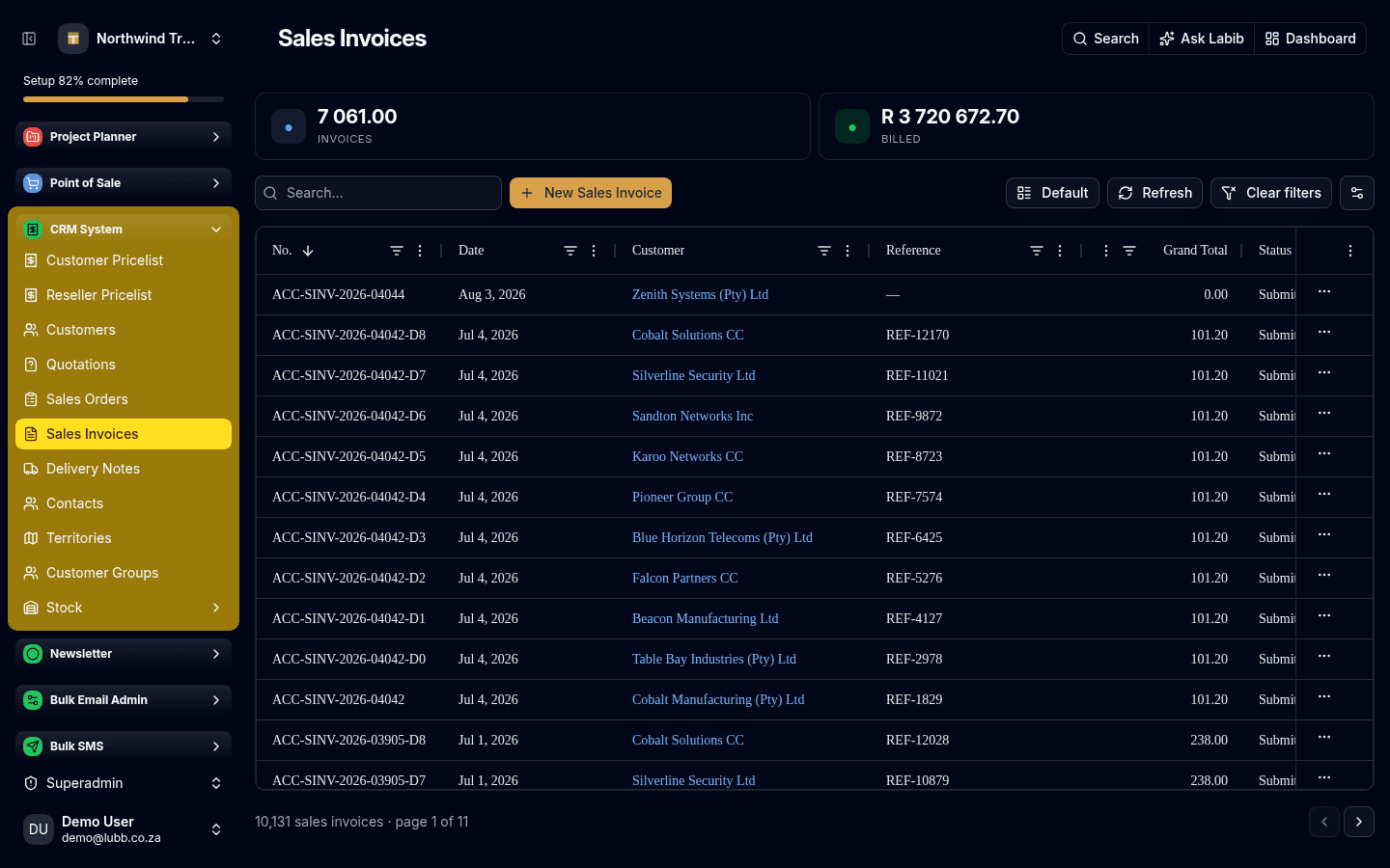 The Sales Invoices grid: totals for invoice count and value across the top, then a table of invoices with number, date, customer, reference, total and status.