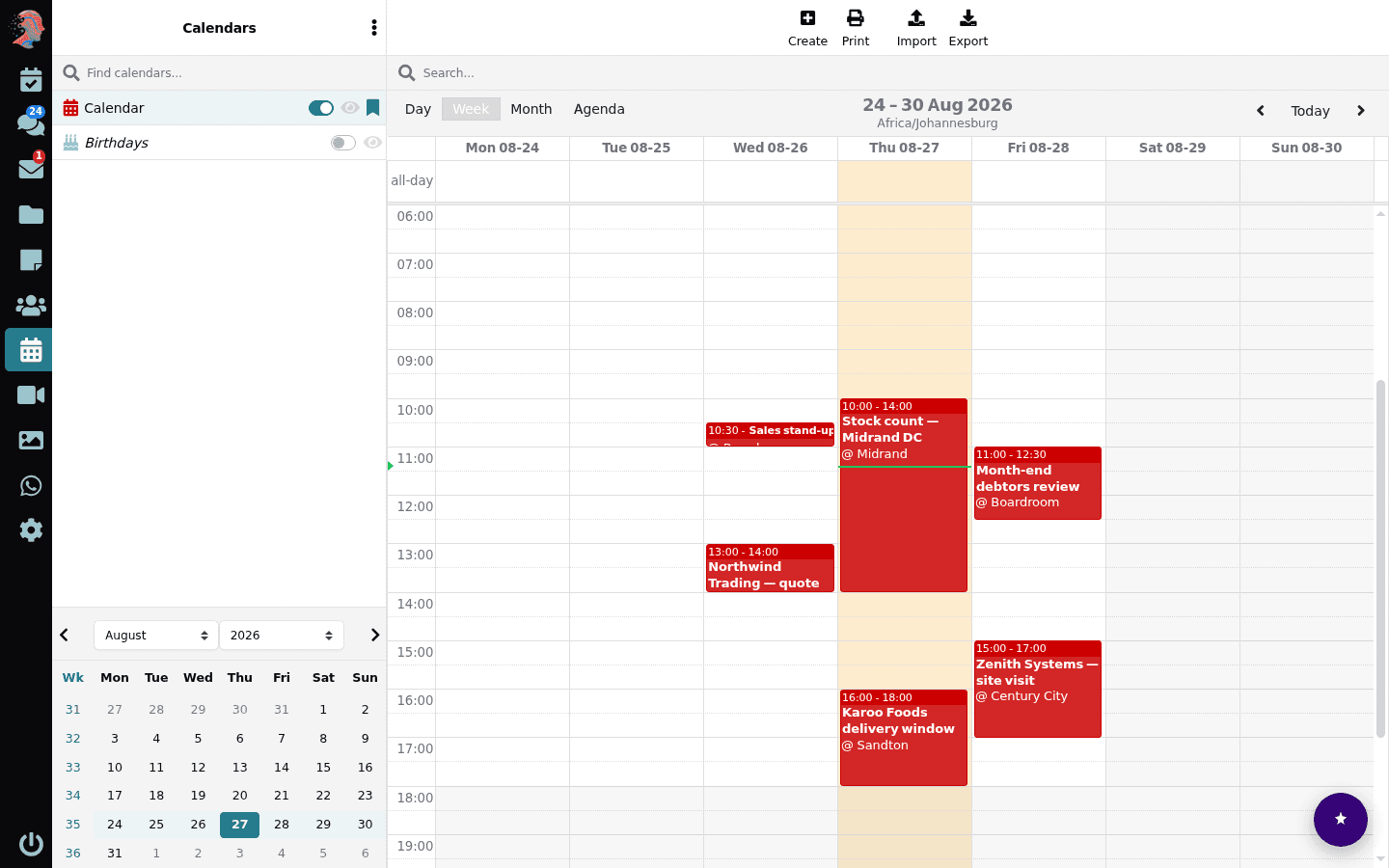 The Lubb Office calendar in week view, with a working week of meetings, site visits and delivery windows blocked out, each showing its time and location.