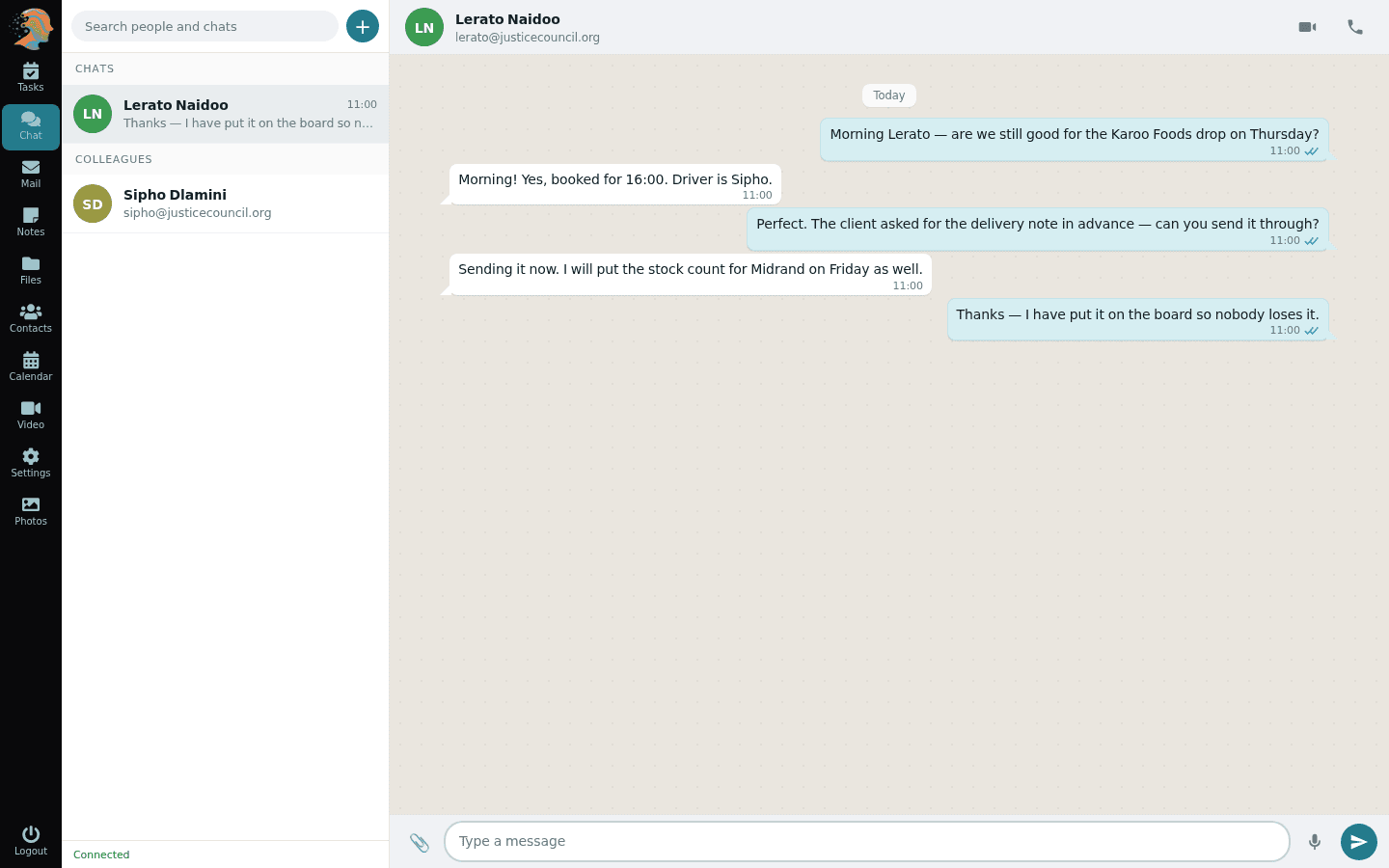 The Lubb Office chat screen: a one-to-one conversation with a colleague about a Thursday delivery, the chat list and colleague directory down the left, read receipts on each sent message, and attachment, voice-note and call controls around the message box.