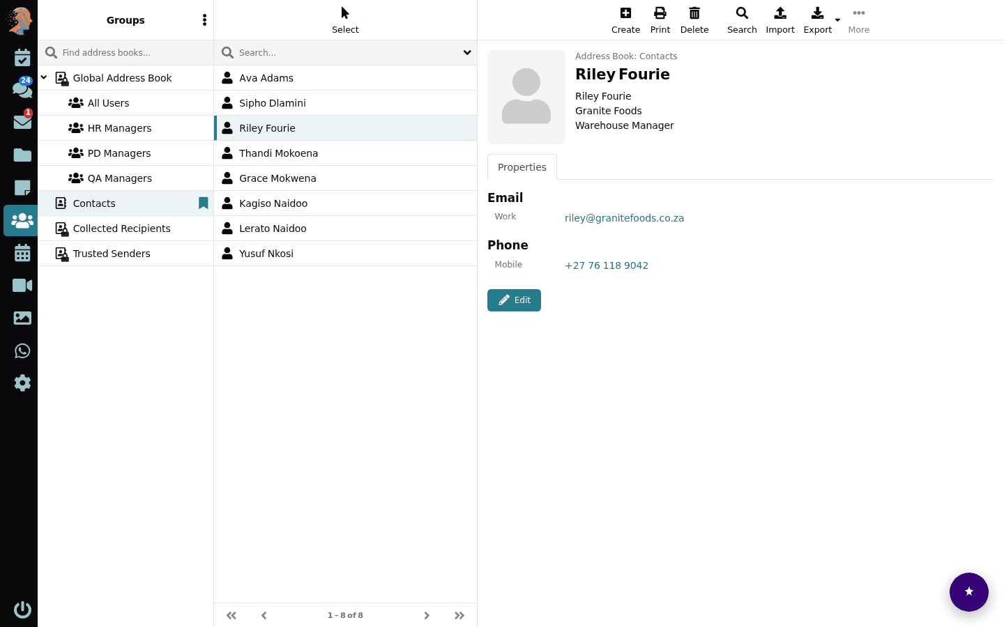 The Lubb Office address book: a list of address books on the left, eight business contacts in the middle, and one contact open showing company, job title, work email and mobile number.
