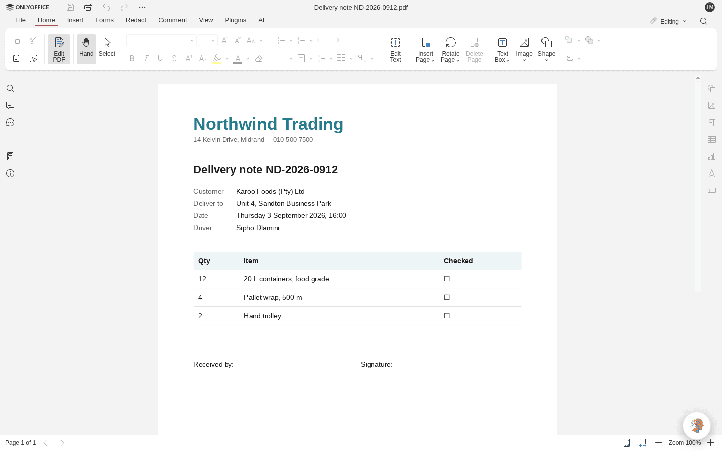 A PDF delivery note open for editing in the browser inside Lubb Office: the OnlyOffice toolbar in Editing mode with Edit Text, Insert Page, Text Box, Image and Shape tools, and the document itself below.