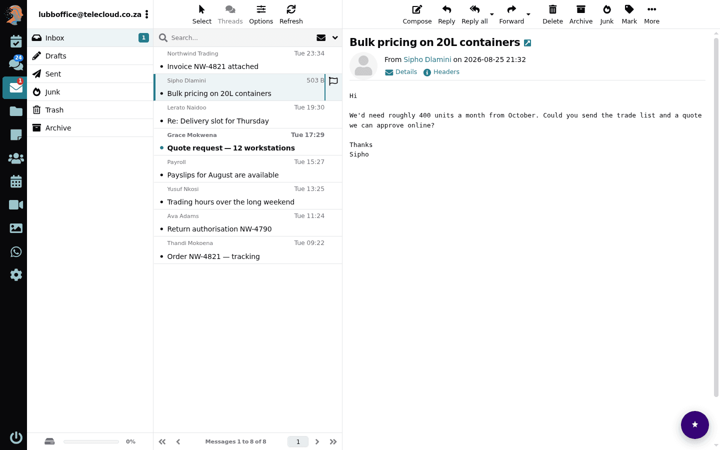 The Lubb Office inbox: a folder list, a message list of eight business emails, and one of them open in the reading pane with the sender, date and full text.