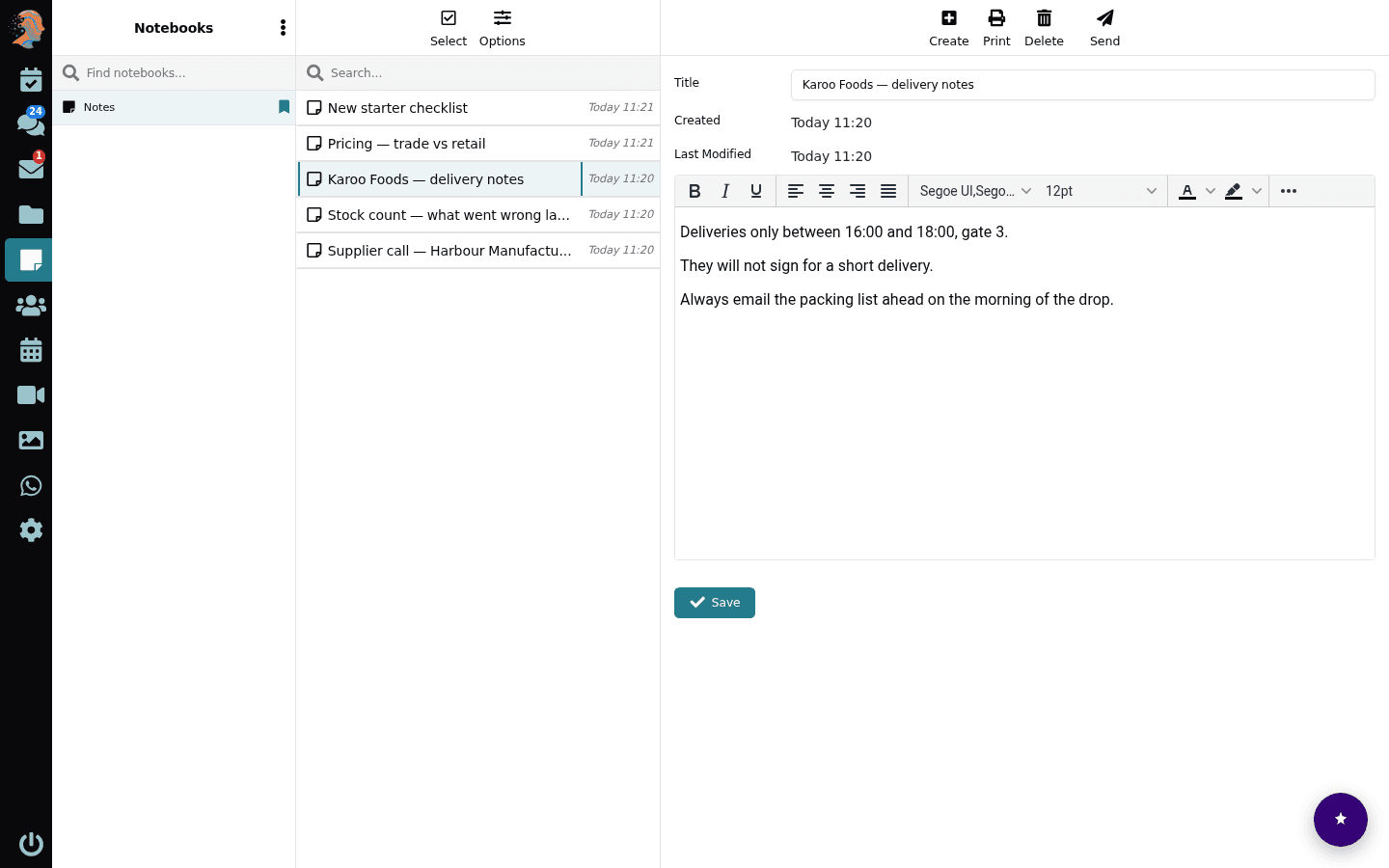 The Lubb Office Notes screen: a notebook list, five business notes, and one open showing delivery instructions for a customer.
