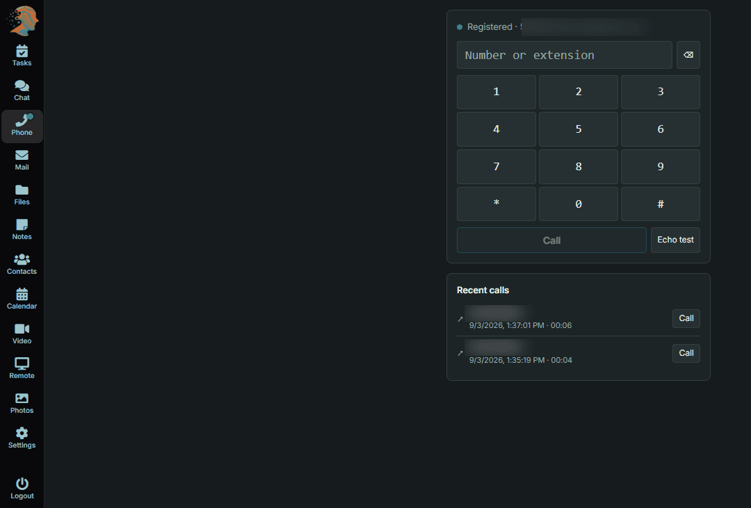 The Lubb Office phone screen: a registered extension, a keypad with a number field, Call and Echo test buttons, and a list of recent calls with their times and durations.