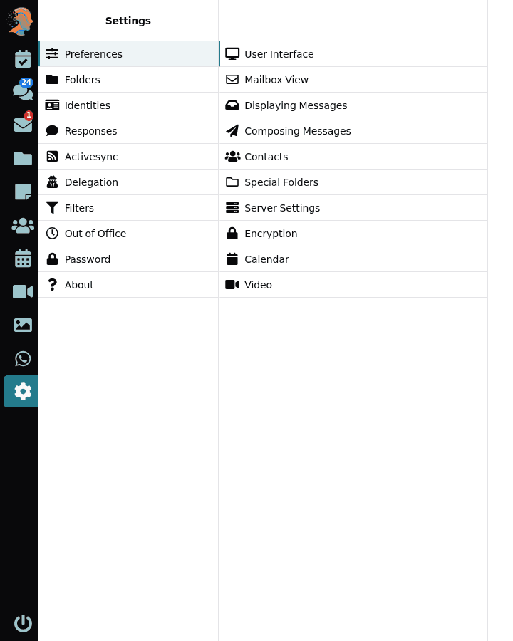 The Lubb Office settings screen, listing preferences for folders, identities, filters, out-of-office, encryption, ActiveSync, contacts and calendar.