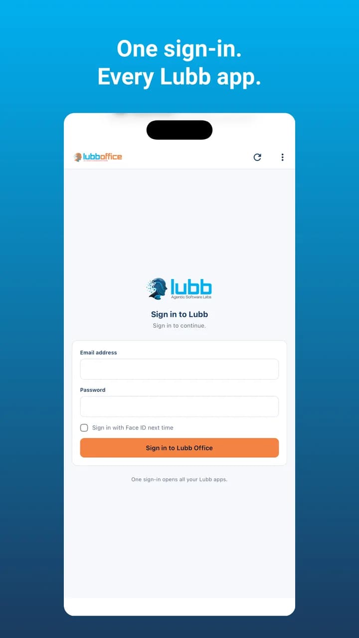 Lubb Mobile's sign-in screen: an email address and password, a Sign in with Face ID next time option, and the note that one sign-in opens all your Lubb apps.