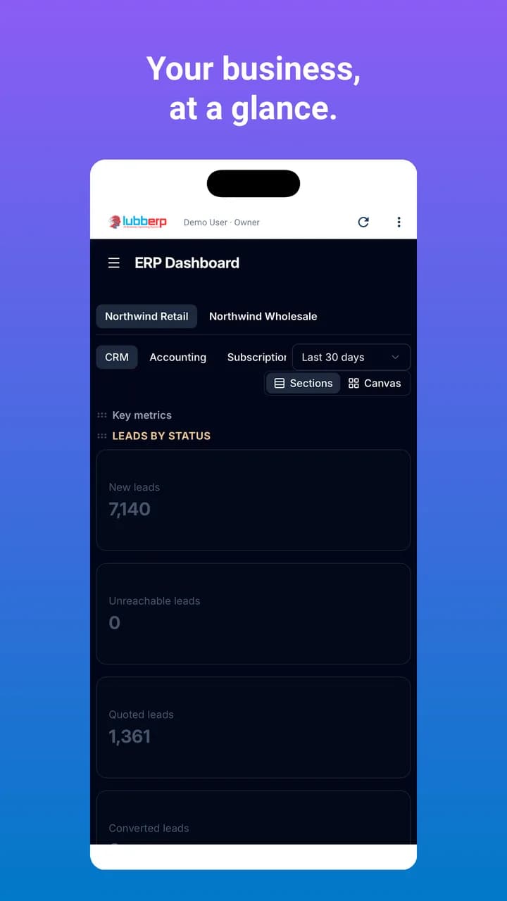 The ERP dashboard inside Lubb Mobile: company tabs, CRM, Accounting and Subscriptions sections, and lead counts by status.