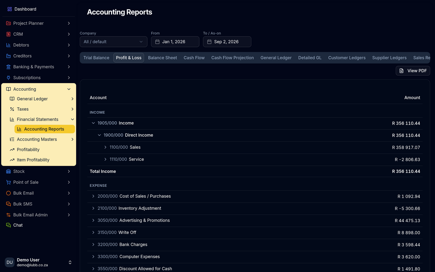Accounting Reports on the Profit & Loss tab: income and expense accounts drilled down by account number with their amounts, over a row of tabs for Trial Balance, Balance Sheet, Cash Flow, General Ledger and the ledgers.