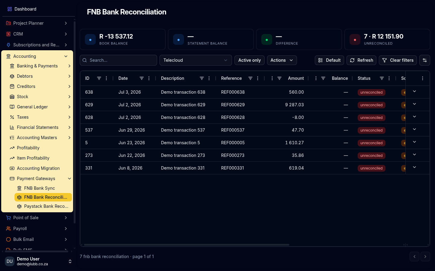 FNB Bank Reconciliation: book balance, statement balance, difference and unreconciled total across the cards, over a table of imported bank lines with their reconciliation status and source.