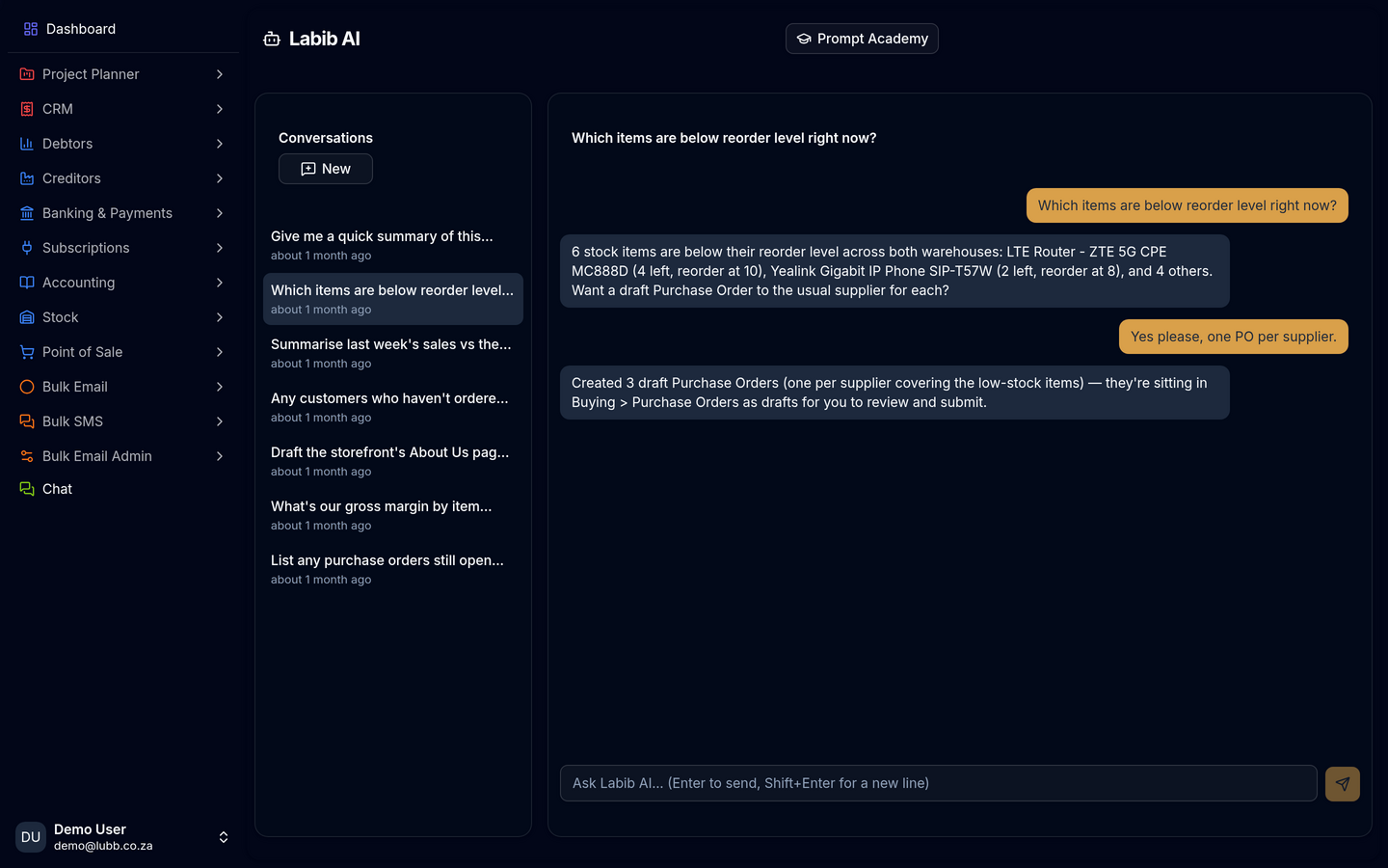 A Labib conversation: asked which items are below reorder level, it lists six real stock items with their quantities and reorder points, offers to draft purchase orders, and reports back that it created three drafts — one per supplier — waiting in Buying.