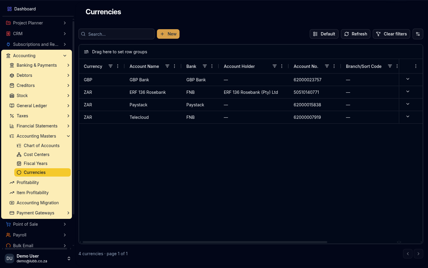 The Currencies master: each currency listed against the bank account and account number it settles through.