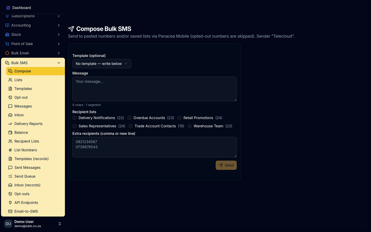 Compose Bulk SMS: a template picker, the message box with its character and segment count, saved recipient lists with their sizes, and a box for extra numbers.